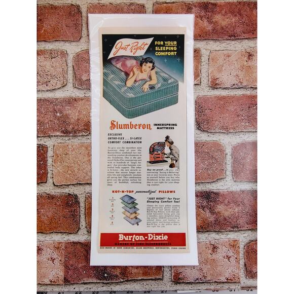 1950 Sexy Brunette on Mattress‎ Vtg MCM Print Ad Slumberton by Burton-Dixie - Picture 6 of 6
